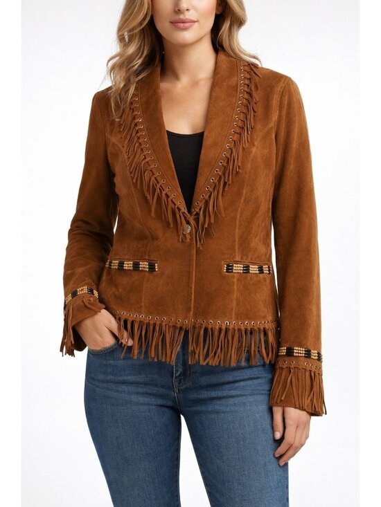 Cripple Creek Jackets & Blazers - Cripple Creek Womens Western Suede Fringe Jacket Beaded Trim Brown XL 23" Vintag